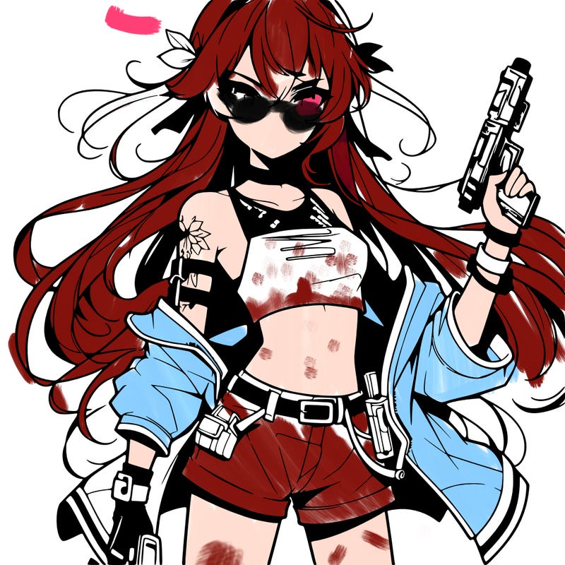 bad girl wearing crop top holding a gun long hair anime