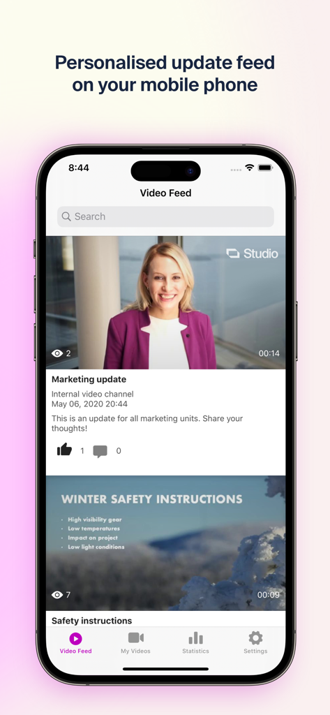 Dream Broker Studio - Dream Broker Studio mobile app showing a personalized enterprise video feed with internal company updates