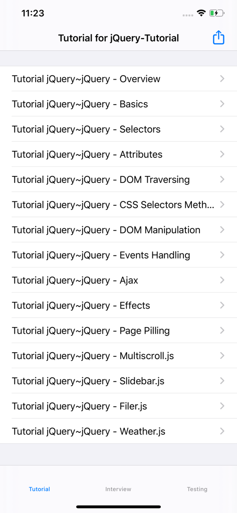 Tutorial for jQuery - jQueryチュートリアルアプリのメニューのスクリーンショット。セレクタ、DOM操作、Ajaxなどのさまざまな学習トピックが表示されています。