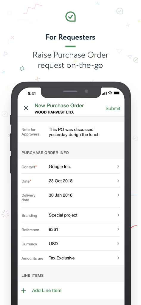 ApprovalMax - Interface of the ApprovalMax mobile app showing a requester creating a new purchase order with fields for contact details and line items