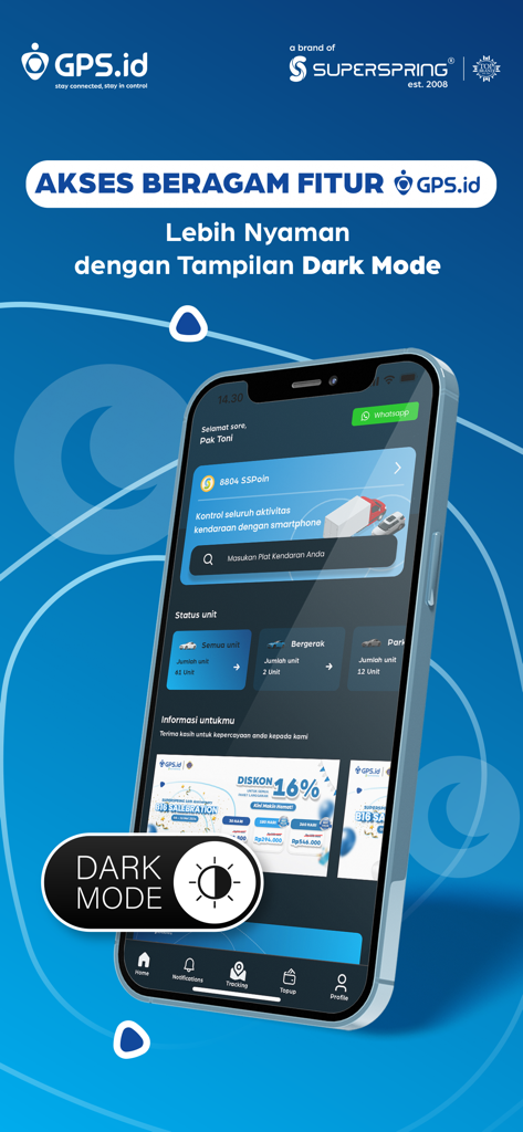 GPS.id by Super Spring - GPS.id by Super Spring app interface displaying vehicle tracking dashboard in dark mode