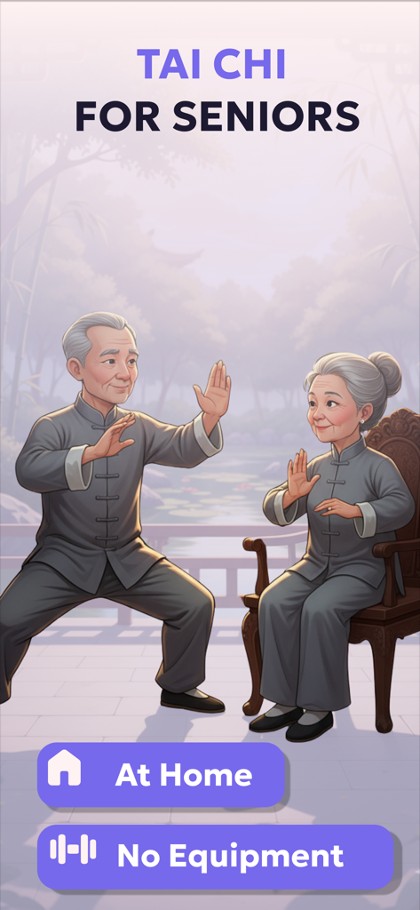 Un anziana coppia che pratica Tai Chi in un giardino sereno per un allenamento a casa senza attrezzi