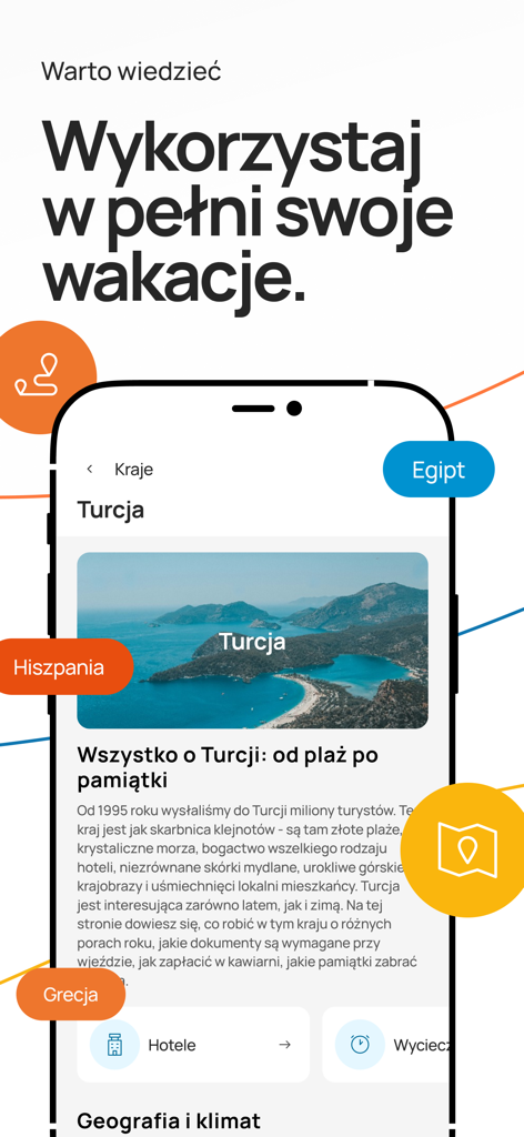 A screenshot of the Coral Travel Poland mobile app featuring a travel information guide for Turkey with a scenic coastal image.