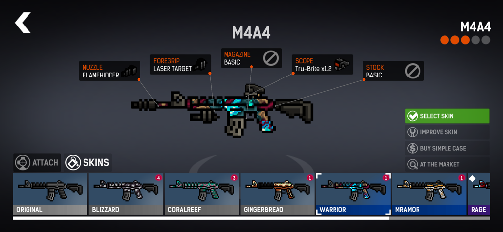 BLOCKPOST MOBILE - Interfaccia di personalizzazione armi in BLOCKPOST MOBILE con un fucile M4A4 con accessori e skin disponibili.