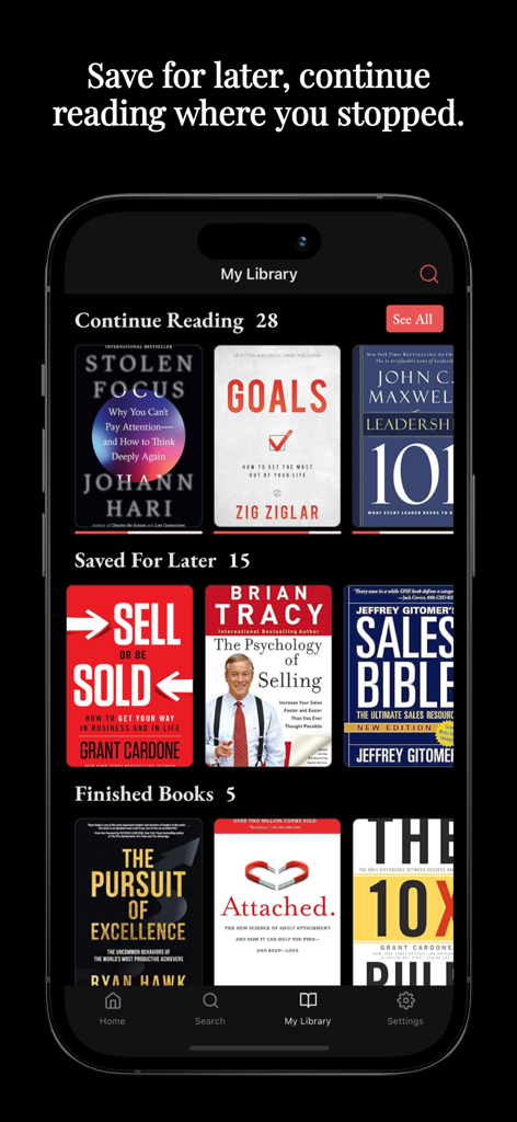 ReadBay: Book Summaries - ReadBay app library interface showing saved and currently reading book summaries like Stolen Focus and The Psychology of Selling