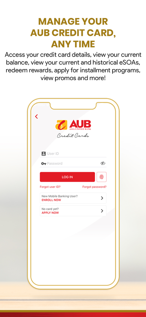 AUB - AUB mobile app screen for managing credit card details and viewing statements