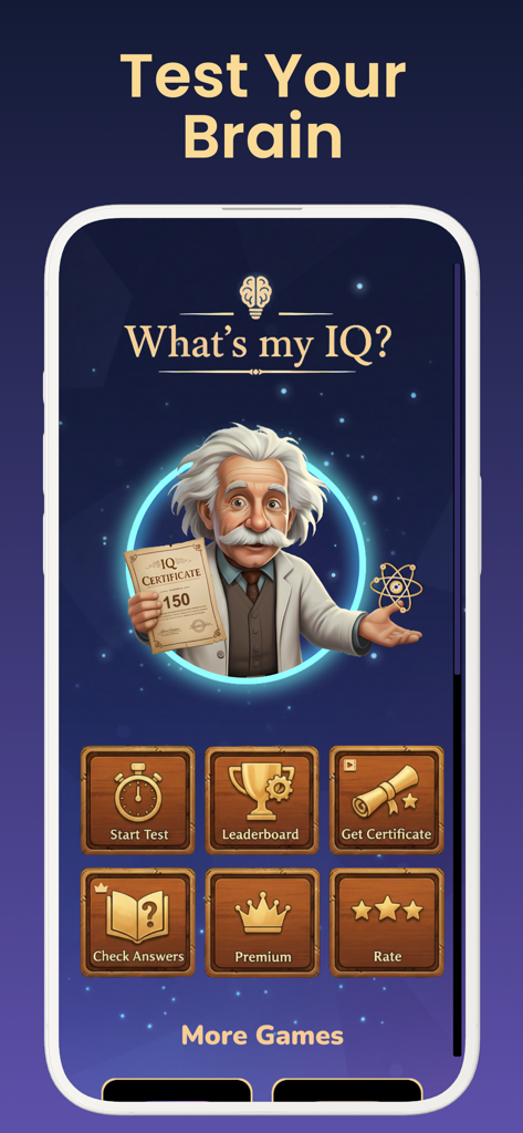 Tela principal do aplicativo Qual é o meu QI? com um desenho animado de Einstein segurando um certificado de QI e vários botões de menu como Iniciar Teste e Placar.