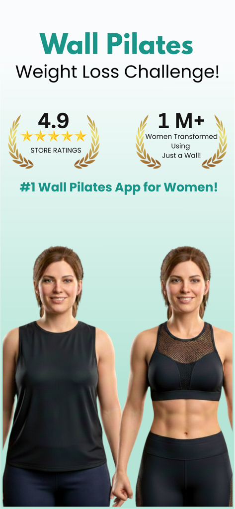 Una comparación lado a lado que muestra la transformación física de una mujer con la aplicación Wall Pilates