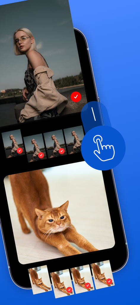 Smartphone screen showing Cleaner MAX app interface with a swipe gesture to organize and delete photos