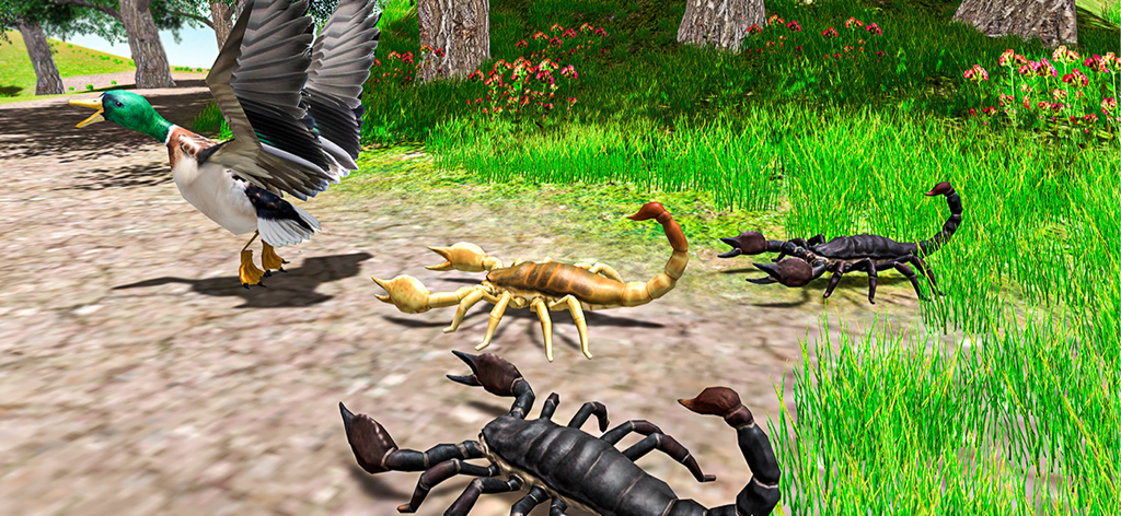 Flying Duck Life Simulator - A mallard duck with spread wings facing multiple scorpions on a grassy forest path