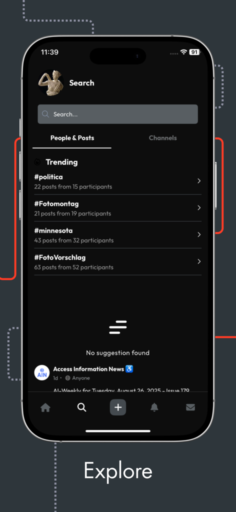 Patchwork: Your Social Media - The explore screen of the Patchwork social media app showing trending hashtags and search functionality