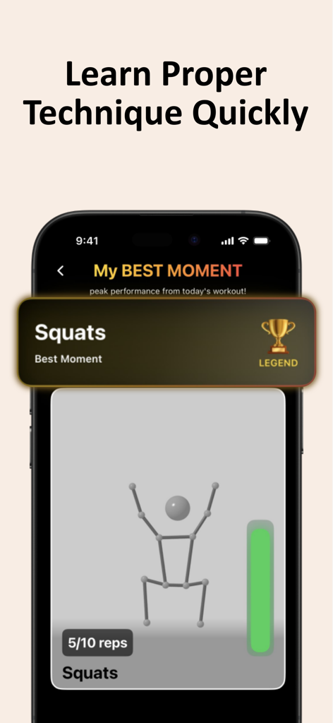 Fireflyアプリでフォームフィードバック付きの3Dスティックフィギュアスクワットリプレイを示すモバイル画面