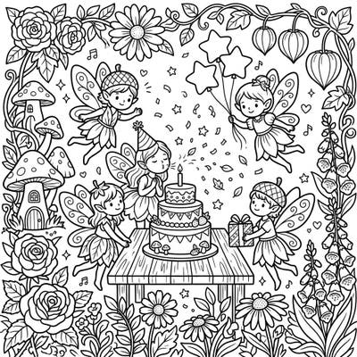 Step into a magical celebration with this charming coloring page featuring garden fairies enjoying a delightful birthday party. Immerse yourself in a world of fluttering wings, festive cake, and blooming botanicals ready for your creative touch.