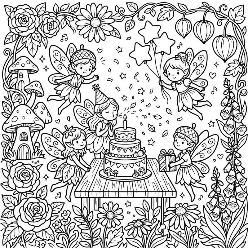 Step into a magical celebration with this charming coloring page featuring garden fairies enjoying a delightful birthday party. Immerse yourself in a world of fluttering wings, festive cake, and blooming botanicals ready for your creative touch.