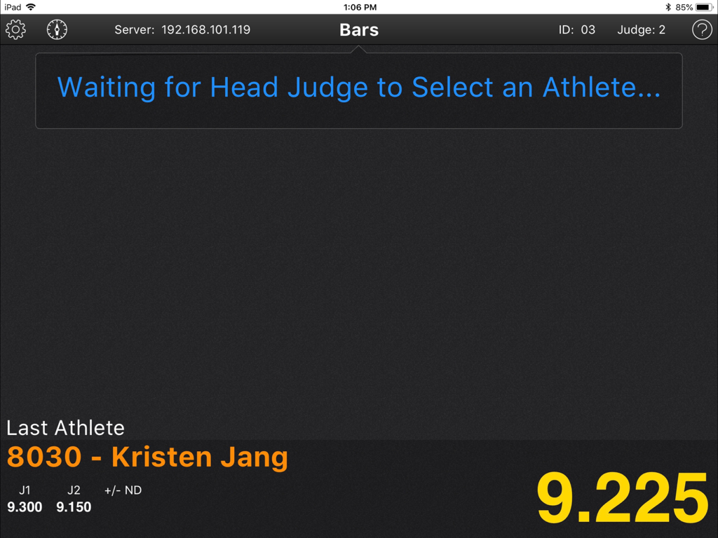ProScore iKeypad - ProScore iKeypad interface for the gymnastics bars event showing a waiting message for the next athlete.