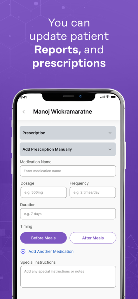 MediMan Doctor - Interface of the MediMan Doctor app showing the digital prescription creation screen with dosage and frequency fields.