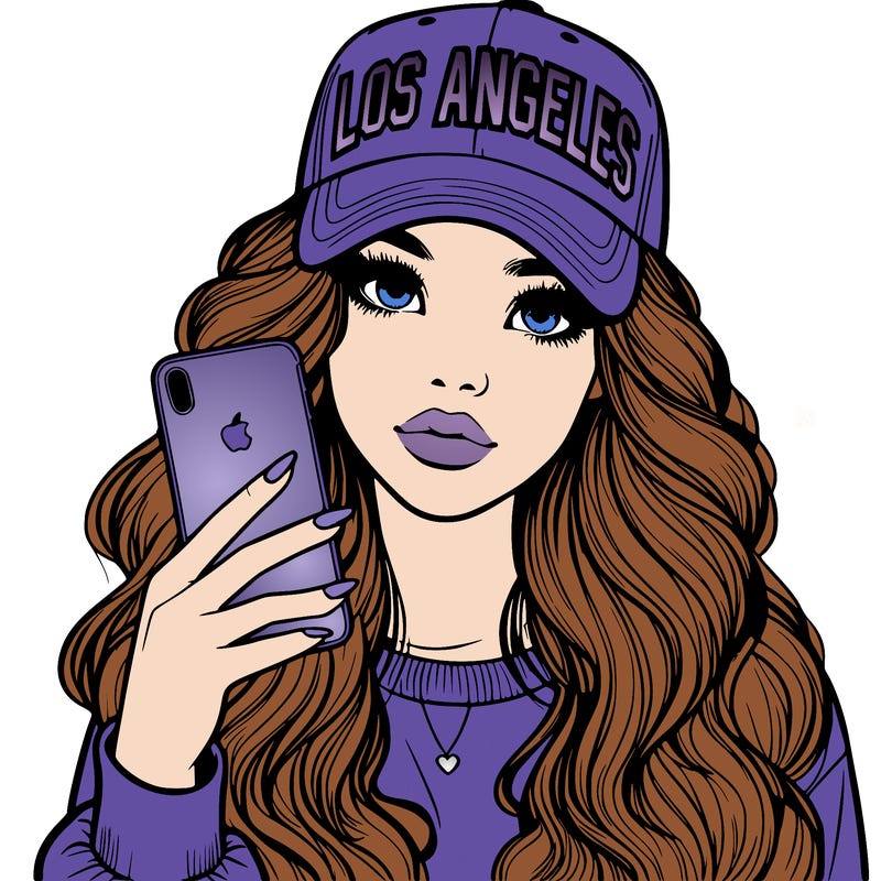 realistic beautiful girl wearing los ángeles cap holding an iphone