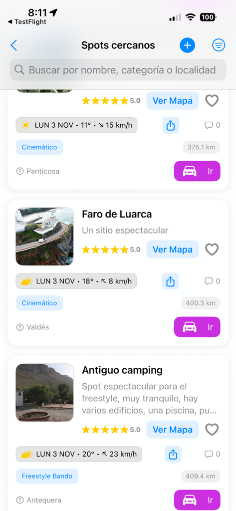 SpotItFly - SpotItFly app interface showing a list of nearby drone flying spots with community photos, weather data, and ratings.