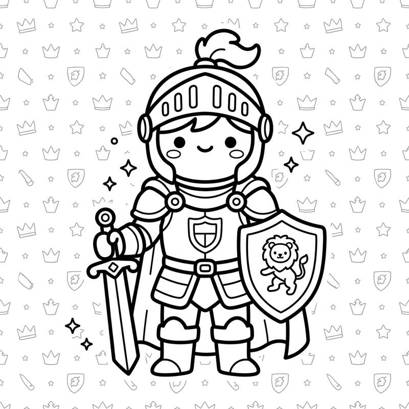 Step into a whimsical world of chivalry and cuteness with our charming Kawaii Royal Knight coloring page. This delightful template combines the majesty of a knight with an irresistible kawaii aesthetic, perfect for all ages.