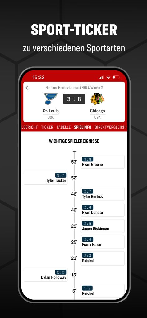 kicker Fußball News - Kicker app displaying a live NHL game ticker with score and goal timeline