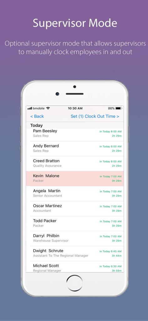Timekeeper app supervisor mode interface showing a list of employees with their clock in status and times.