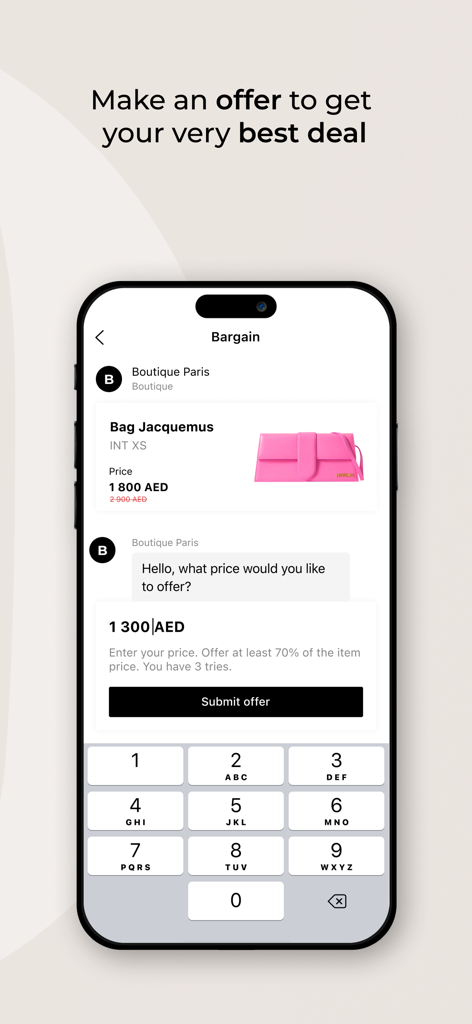 OSKELLY: Your Luxury Shopping - Una captura de pantalla de la aplicación OSKELLY que muestra la pantalla de negociación de precios para un bolso de diseñador de lujo
