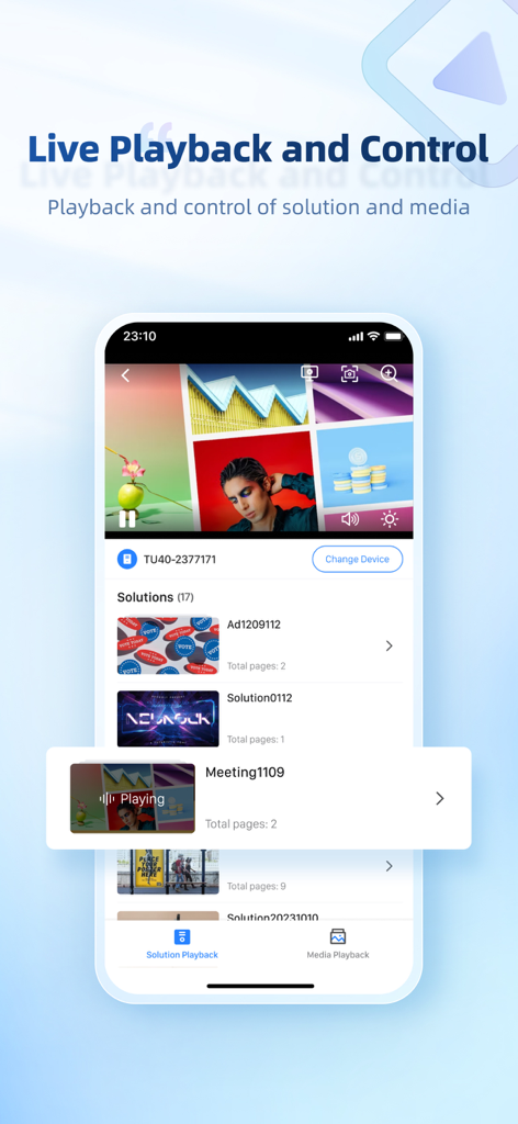 ViplexHandy - Interface do aplicativo ViplexHandy mostrando reprodução ao vivo e gerenciamento de soluções para telas de LED