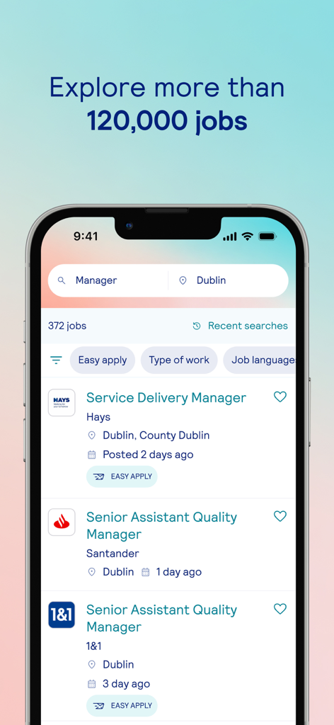IrishJobs.ie - Job Search App - Screenshot of the IrishJobs app displaying job search results for manager positions in Dublin