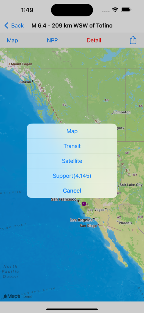 Screenshot of Earthquake M4.5 plus app showing a map of the West Coast with a selection menu for map styles like satellite and transit