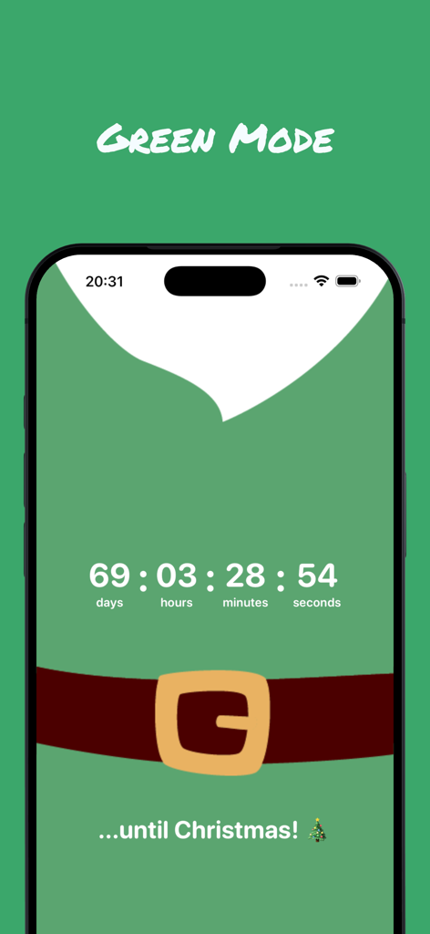 Schermata dell'app del conto alla rovescia di Natale con un tema da elfo verde e un timer in tempo reale