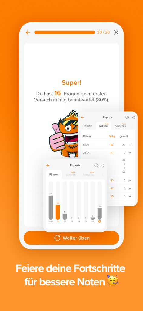 phase6: Practice vocabulary - Capture d'écran de l'application phase6 montrant un écran de succès avec une mascotte et des rapports détaillés sur la progression de l'apprentissage.