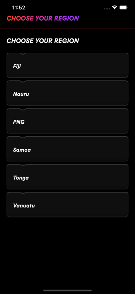 DigicelTV - Pantalla de selección de región de la aplicación DigicelTV para Fiyi, Nauru, PNG, Samoa, Tonga y Vanuatu