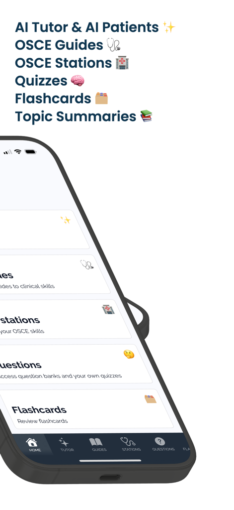 Geeky Medics - OSCE revision - Geeky Medics mobile app interface displaying medical exam revision features including AI tutor and OSCE guides