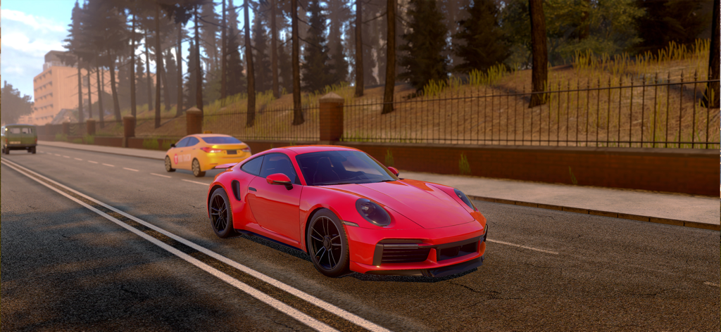 wDrive Roads: Russia - Un coche deportivo rojo conduciendo por una carretera abierta en el juego wDrive Roads Russia.