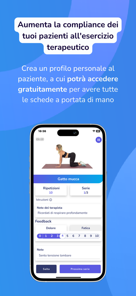 Tela do aplicativo móvel mostrando um vídeo do exercício gato-camelo e métricas de feedback do paciente para adesão à fisioterapia.