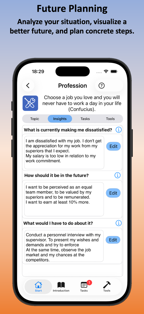 Life-Improver - Selfcoaching - Life-Improverアプリのキャリア分析と専門的な目標計画の画面
