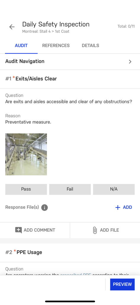 Mobile screen of EASE Audits showing a daily safety inspection checklist with options to pass or fail audit questions and attach supporting photos.
