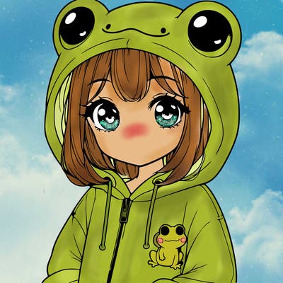 cute realistic girl in a froggy hoodie