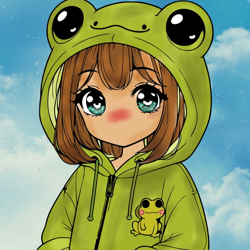 cute realistic girl in a froggy hoodie