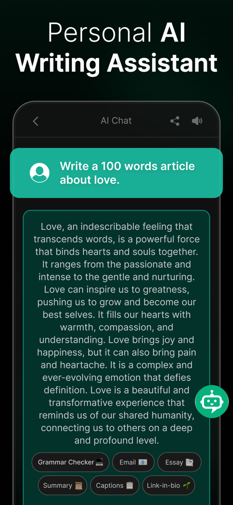 Chat AI app interface showing a personal AI writing assistant generating a short article about love with options for grammar checking and essay writing.