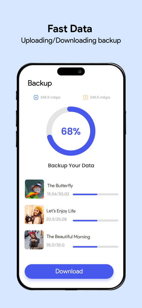 Cloudgate - Cloud Storage App - Cloudgate app interface showing data backup progress and fast upload and download speeds