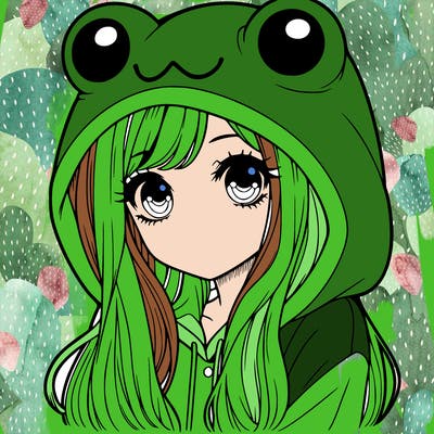 a pretty girl wearing a frog hoodie portrait with long hair