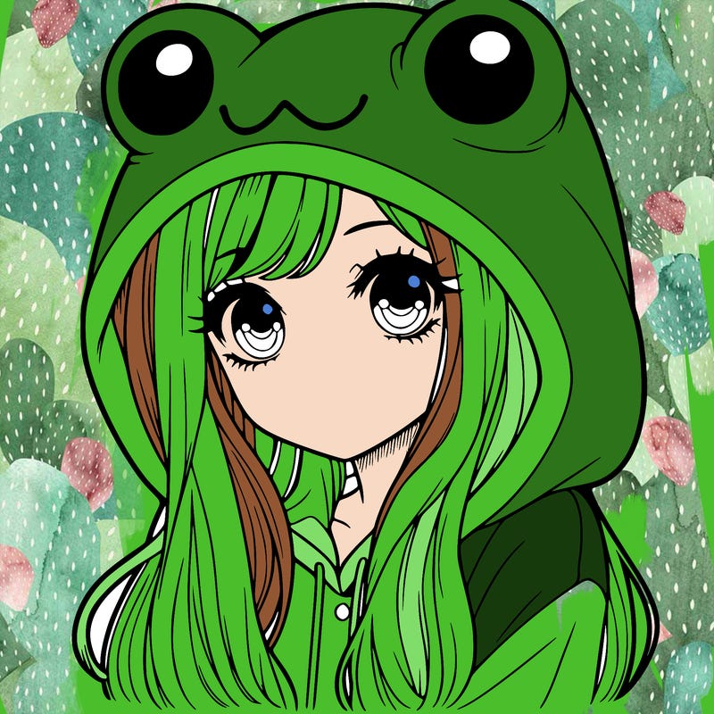 a pretty girl wearing a frog hoodie portrait with long hair