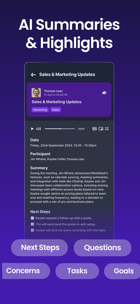 Smart AI Note Taker - MeetGeek - MeetGeek app interface showing an AI-generated meeting summary with a next steps checklist.