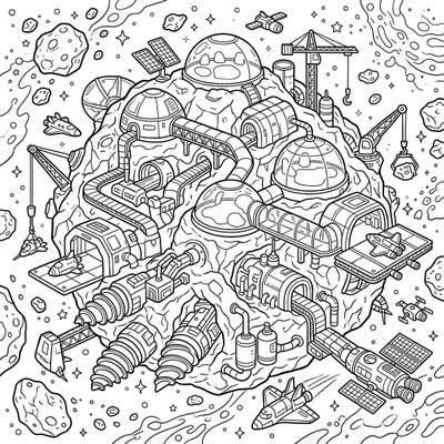 Embark on an interstellar adventure with this intricate Asteroid Mining Colony coloring page. Discover a futuristic world of resource extraction and space exploration, perfect for detailed coloring.