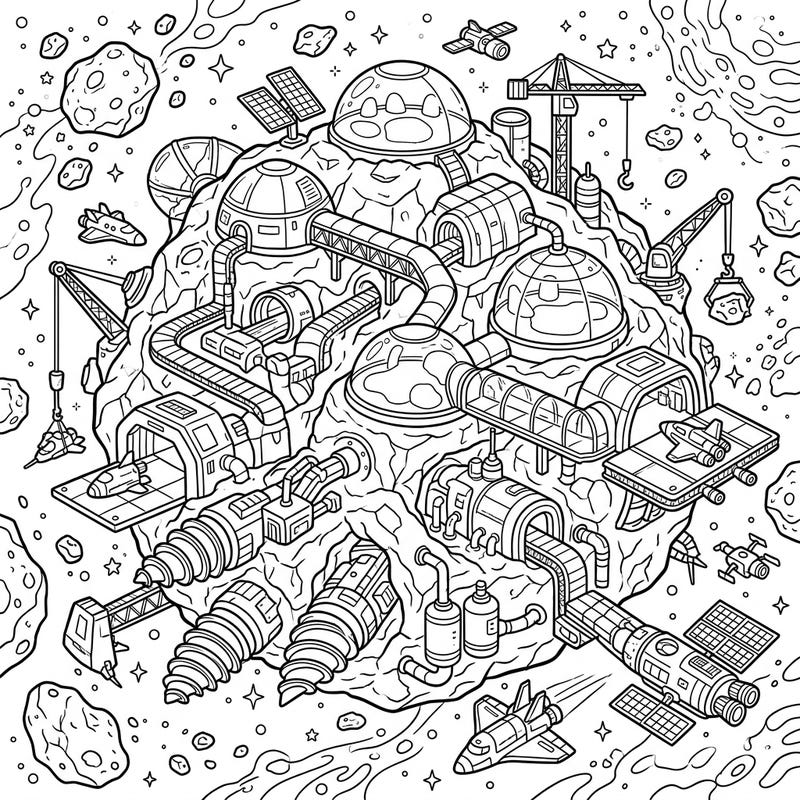 Embark on an interstellar adventure with this intricate Asteroid Mining Colony coloring page. Discover a futuristic world of resource extraction and space exploration, perfect for detailed coloring.