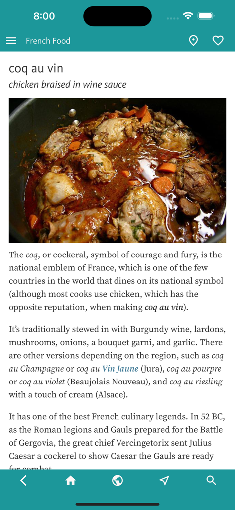 French Food Decoder - Una entrada culinaria detallada para coq au vin en la aplicación French Food Decoder con una foto e historia cultural.