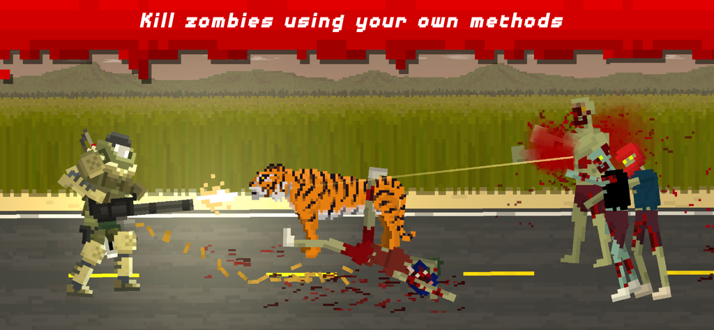 They Are Coming Zombie Defense - Soldato in pixel art che spara con un minigun contro zombi con un compagno tigre in un gioco arcade di difesa da zombi