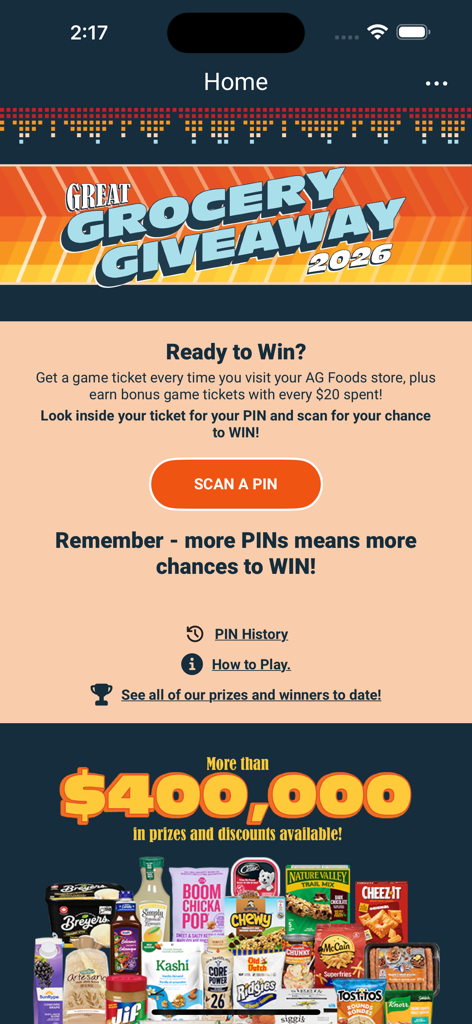 Home screen of the AG Foods Great Grocery Giveaway app featuring a Scan a PIN button and information about over 400,000 dollars in prizes