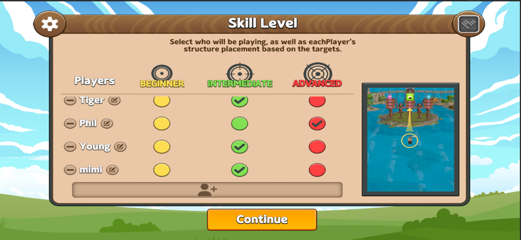Crazy Birdie - Crazy Birdie skill level selection screen with options for beginner intermediate and advanced players